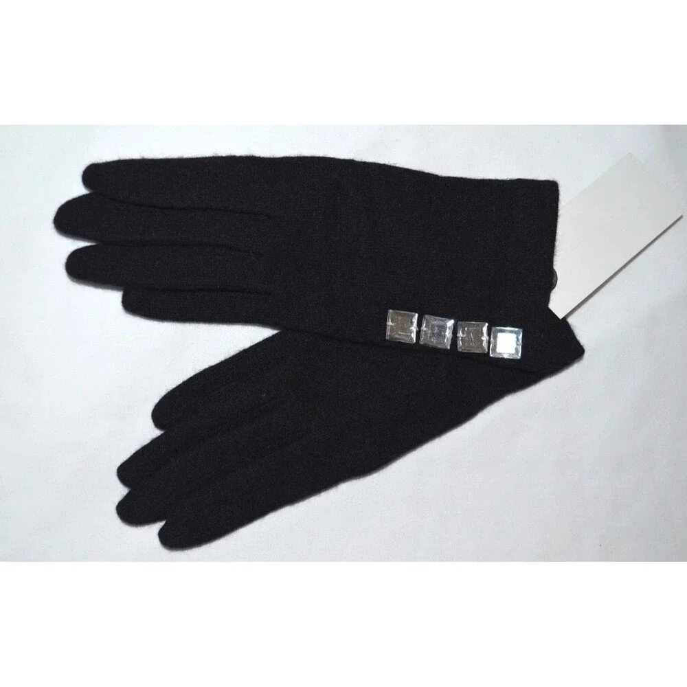 Fair Weather Accessories Gloves Black Wool Blend Rhinestone Accents NEW One Size
